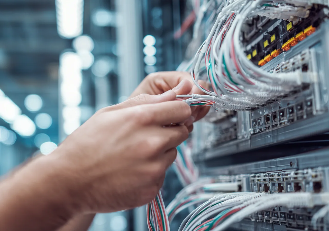 Illustration of an engineer connecting network equipment